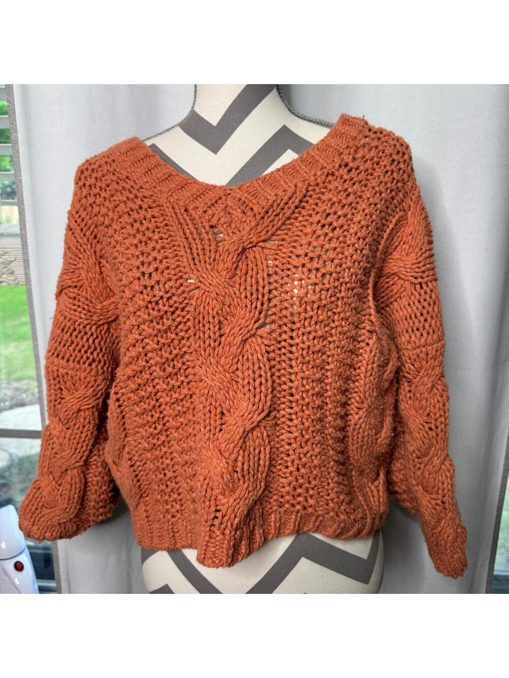 Favlux Fashion Orange Crop Chunky Knit Puff Sleeve Pullover Sweater
